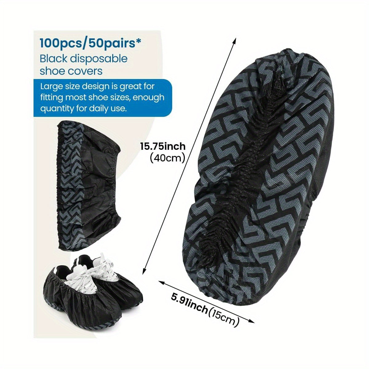 Disposable Shoe Covers, 100 Pack, Non- Woven Fabric, Fits Men' s Size 8. 5 and Women' s 10, Double- Elastic Band